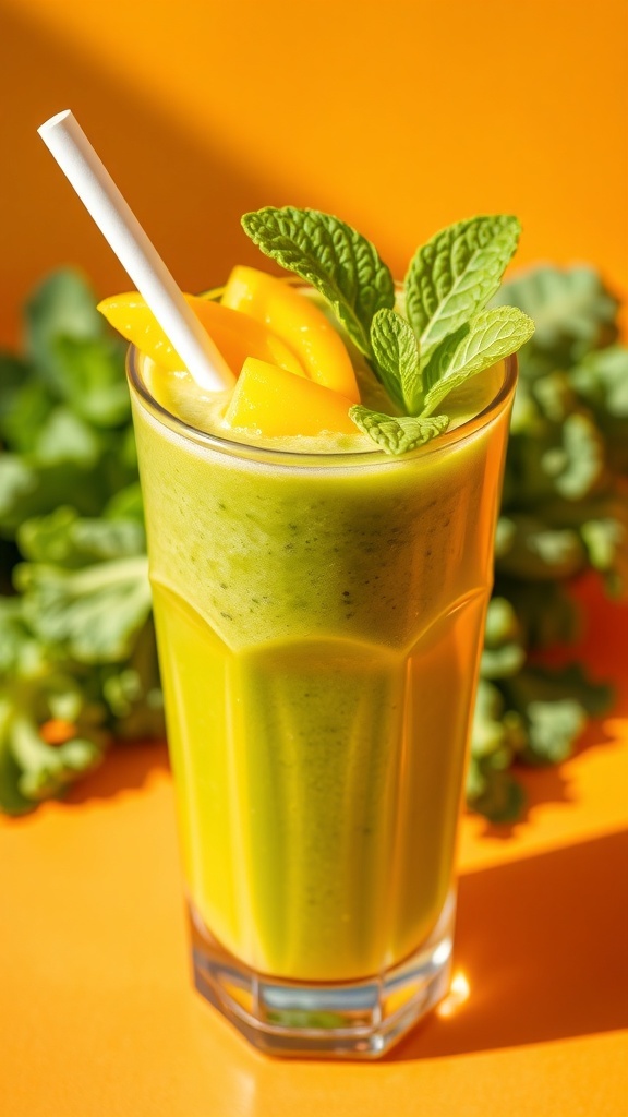 A refreshing kale and mango smoothie in a glass, garnished with mango slice and mint, on a sunny background.